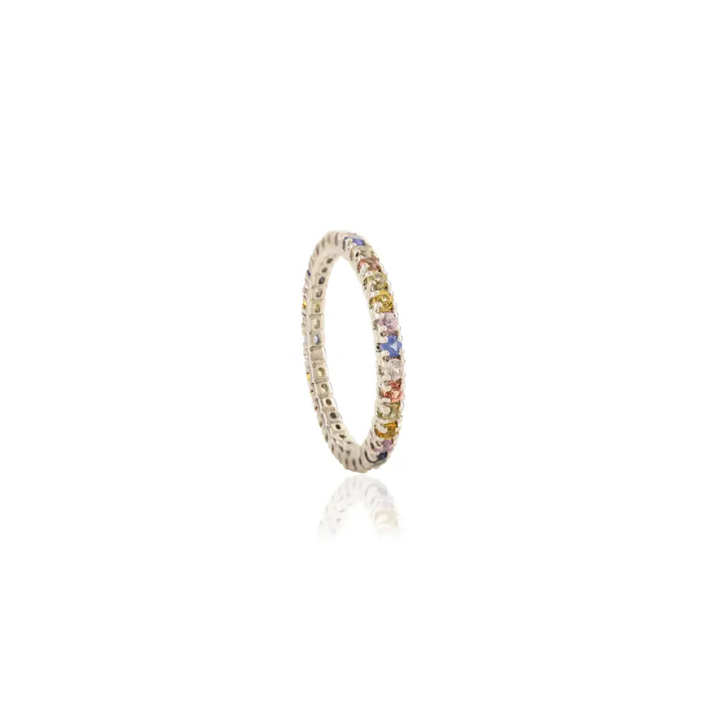Solid K14 White Gold Round Cut Multi Gemstone Stacking Full Eternity Band Ring Simple Jewelry
