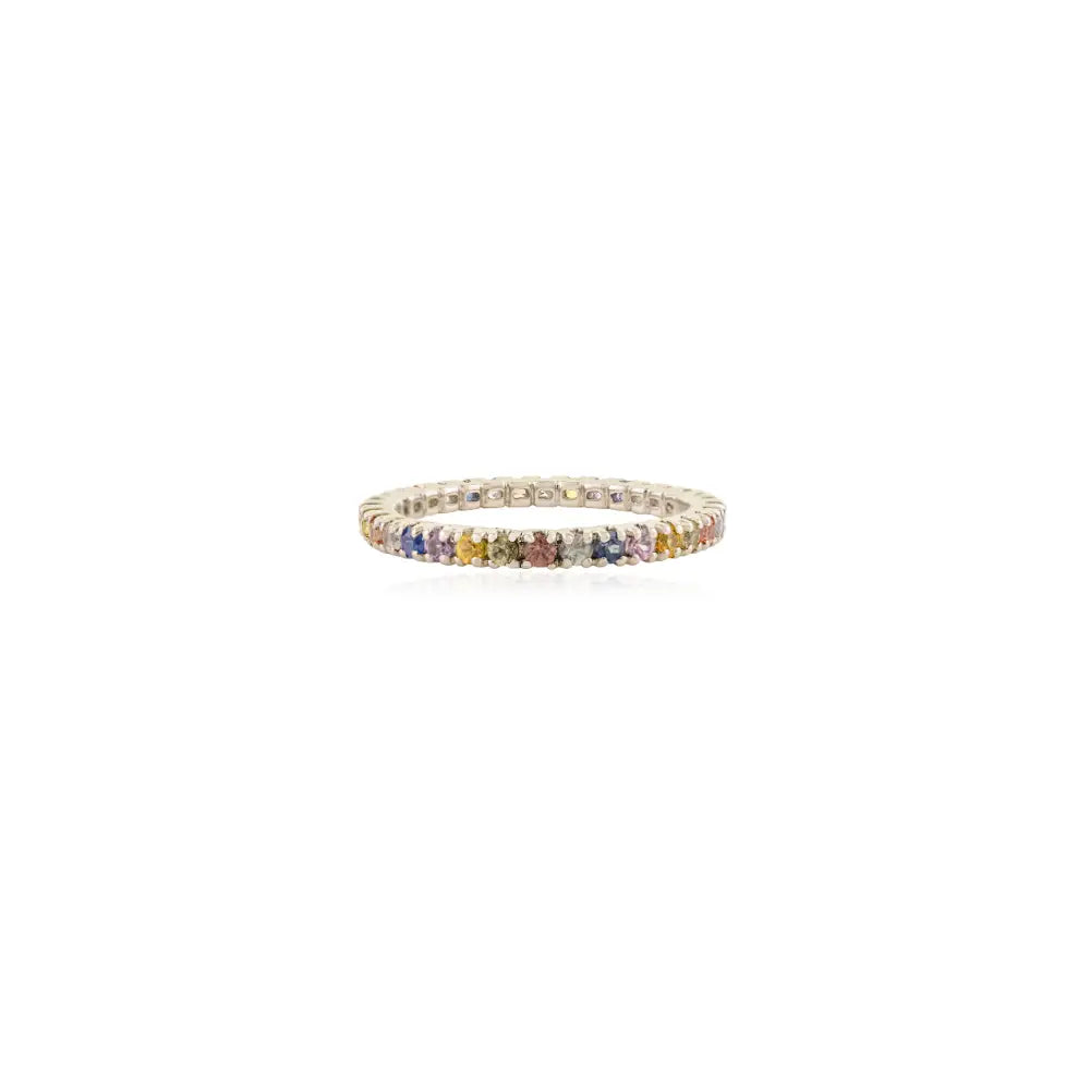 Solid K14 White Gold Round Cut Multi Gemstone Stacking Full Eternity Band Ring Simple Jewelry