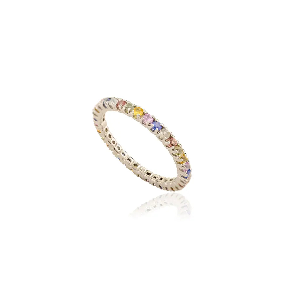 Solid K14 White Gold Round Cut Multi Gemstone Stacking Full Eternity Band Ring Simple Jewelry