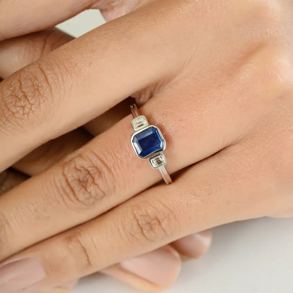 Dainty Blue Sapphire & Diamond Three Stone Ring Minimal Jewelry For Daily Wear