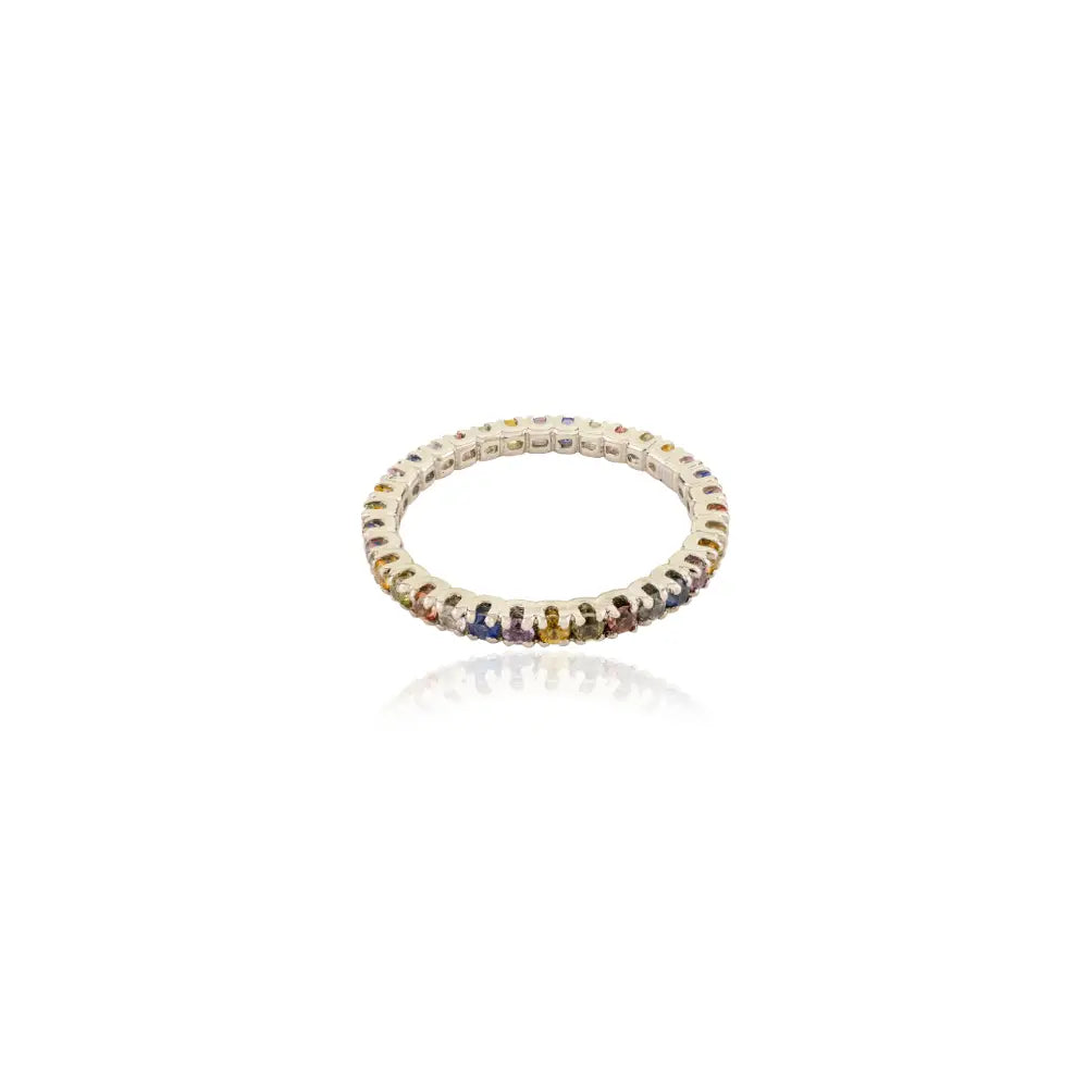 Solid K14 White Gold Round Cut Multi Gemstone Stacking Full Eternity Band Ring Simple Jewelry