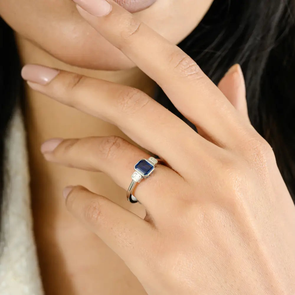 Dainty Blue Sapphire & Diamond Three Stone Ring Minimal Jewelry For Daily Wear