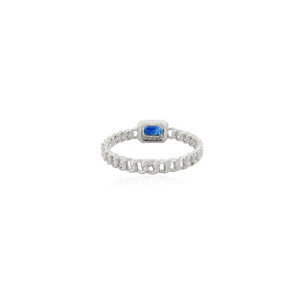 Octagon Cut Blue Sapphire & Diamond Halo Curb Link Chain Stackable Ring Solid 14K Gold