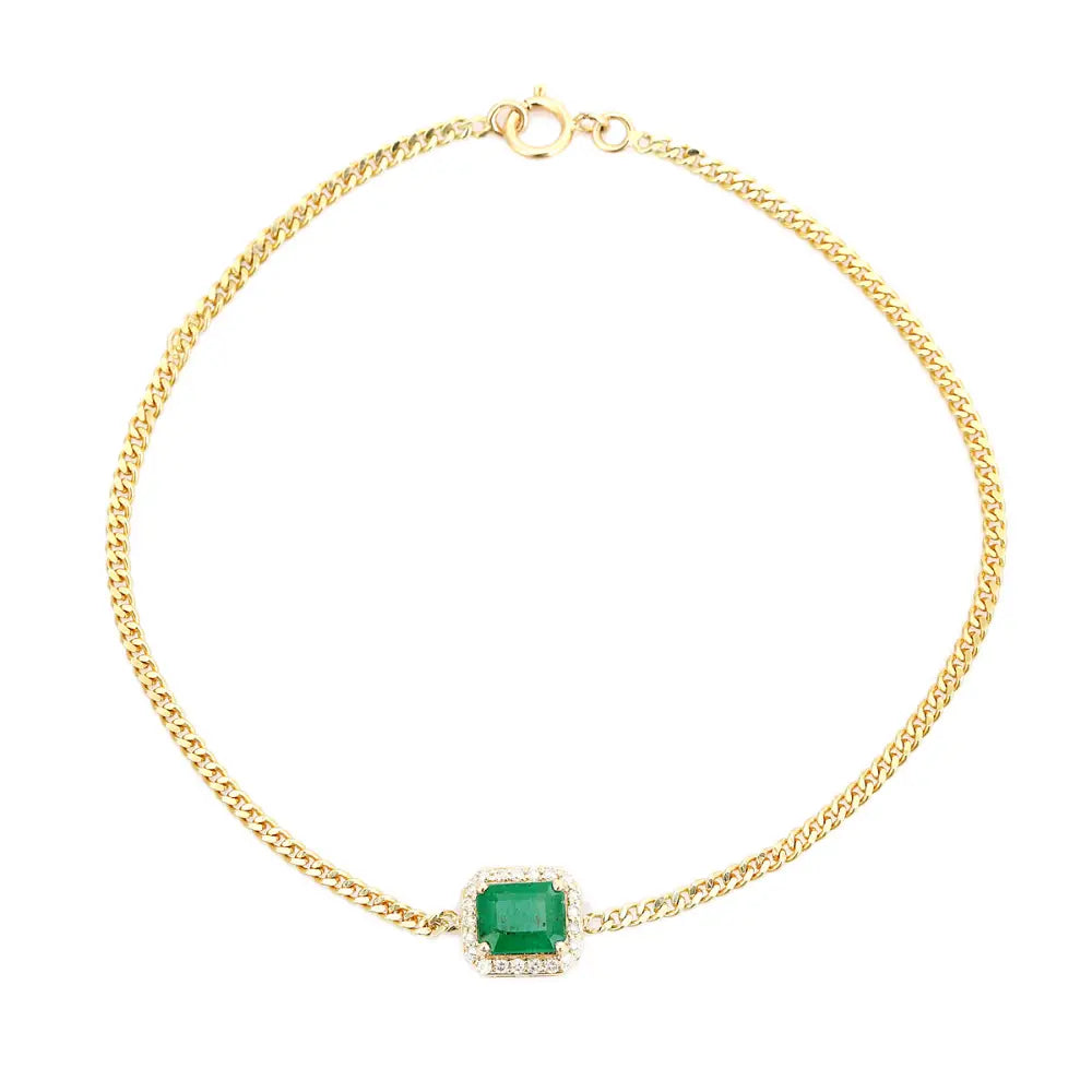 Miami Cuban Link Chain Solitaire Emerald & Diamond Halo Bracelet Solid K14 Yellow Gold