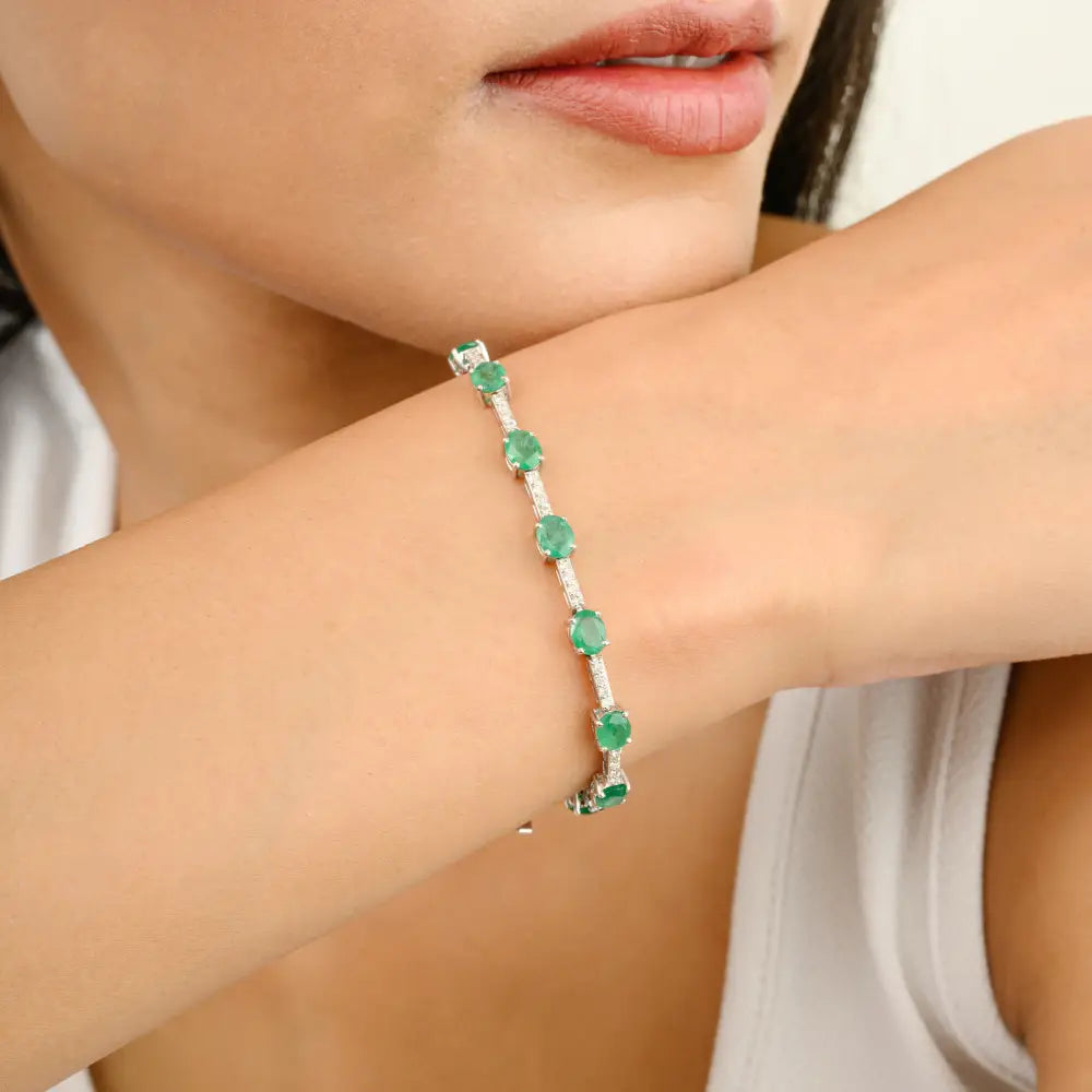 Fine Emerald & Diamond Stackable Tennis Bracelet Real 18K White Gold Wholesale Jewelry