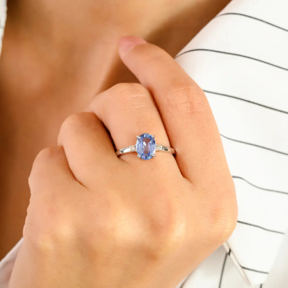Trendy Oval Blue Sapphire & Round Diamond 14K White Gold Three Stone Ring Gift For Her