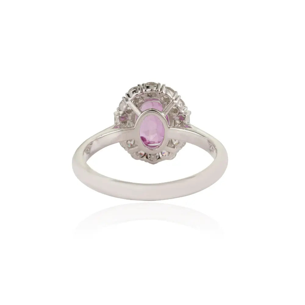 100% Natural Pink Sapphire & Diamond 18K White Gold Statement Halo Ring Birthstone Jewelry