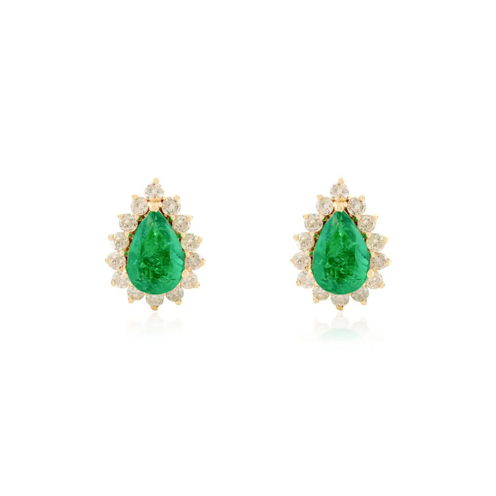14K Solid Yellow Gold Pear Shape Emerald & Round Diamond Cluster Stud Earrings For Women