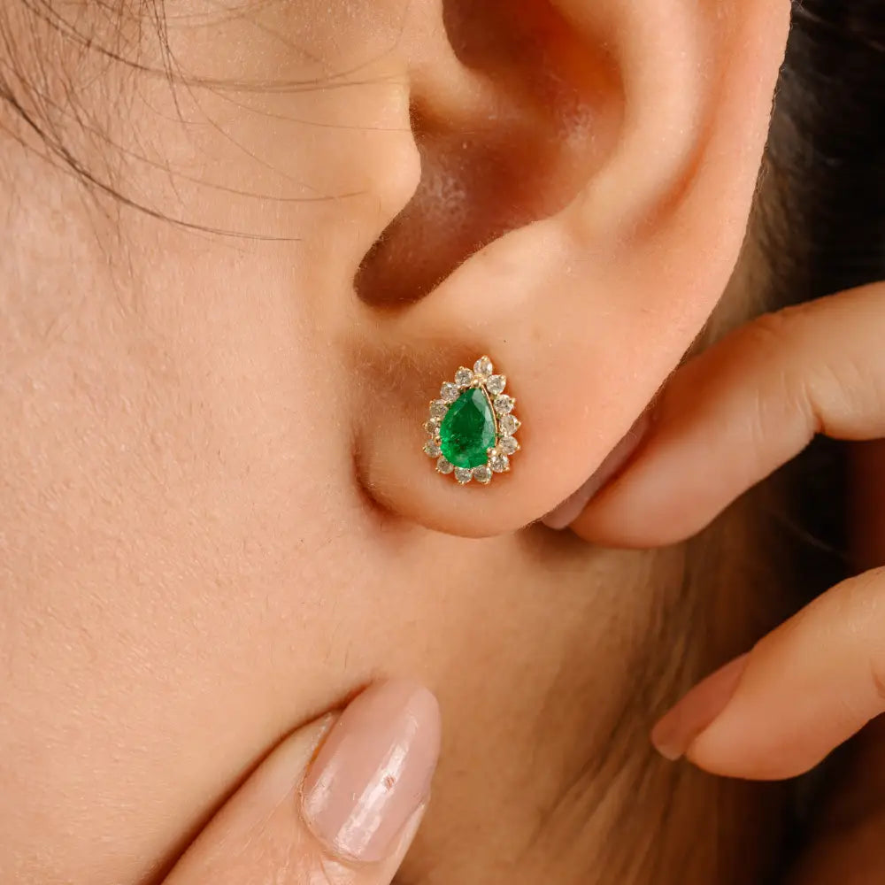 14K Solid Yellow Gold Pear Shape Emerald & Round Diamond Cluster Stud Earrings For Women