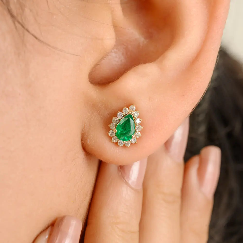 14K Solid Yellow Gold Pear Shape Emerald & Round Diamond Cluster Stud Earrings For Women