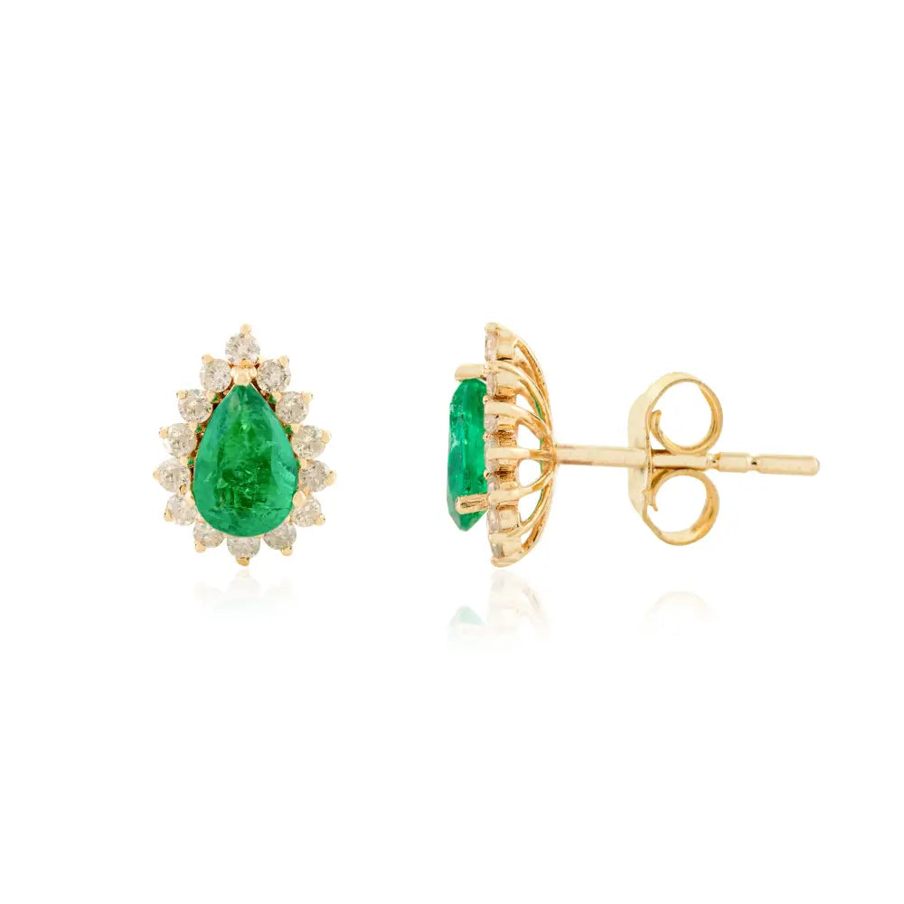 14K Solid Yellow Gold Pear Shape Emerald & Round Diamond Cluster Stud Earrings For Women