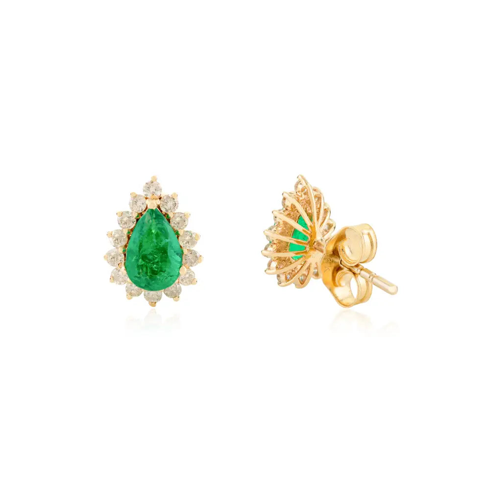 14K Solid Yellow Gold Pear Shape Emerald & Round Diamond Cluster Stud Earrings For Women
