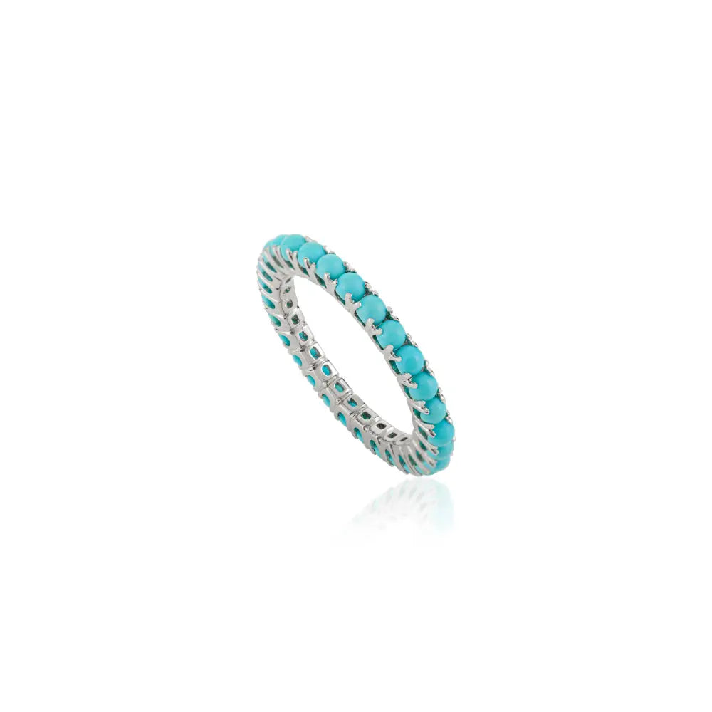 Elegant Fine Turquoise Gemstone Stackable Full Eternity Band Ring 14K White Gold Jewelry