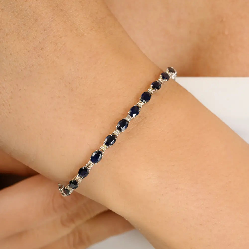 Stackable Jewelry Blue Sapphire & Diamond Tennis Bracelet Unisex 14K Solid White Gold Jewelry