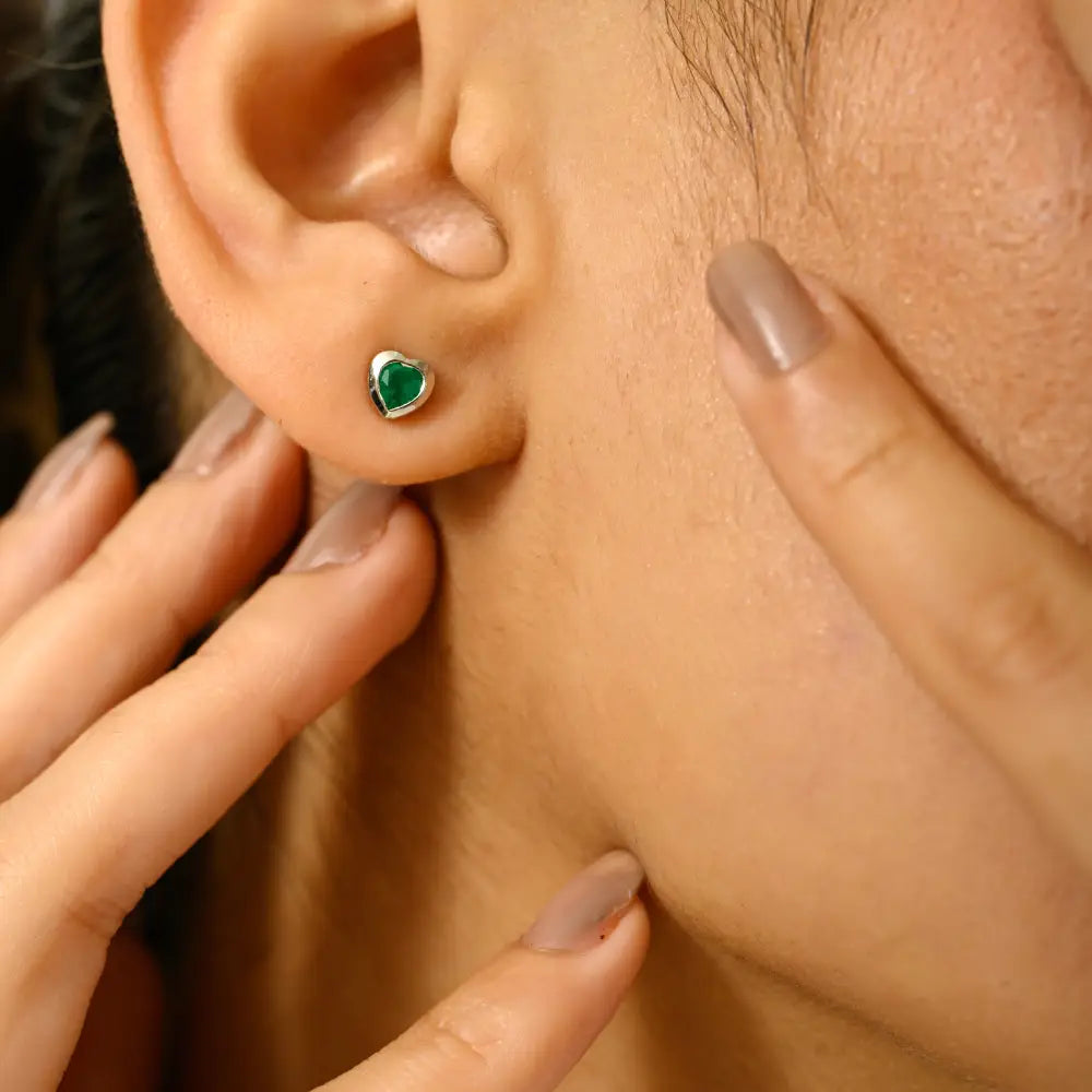 Dainty Minimalist Emerald Heart Shape Stud Earrings 14K White Gold New Arrivals Jewelry