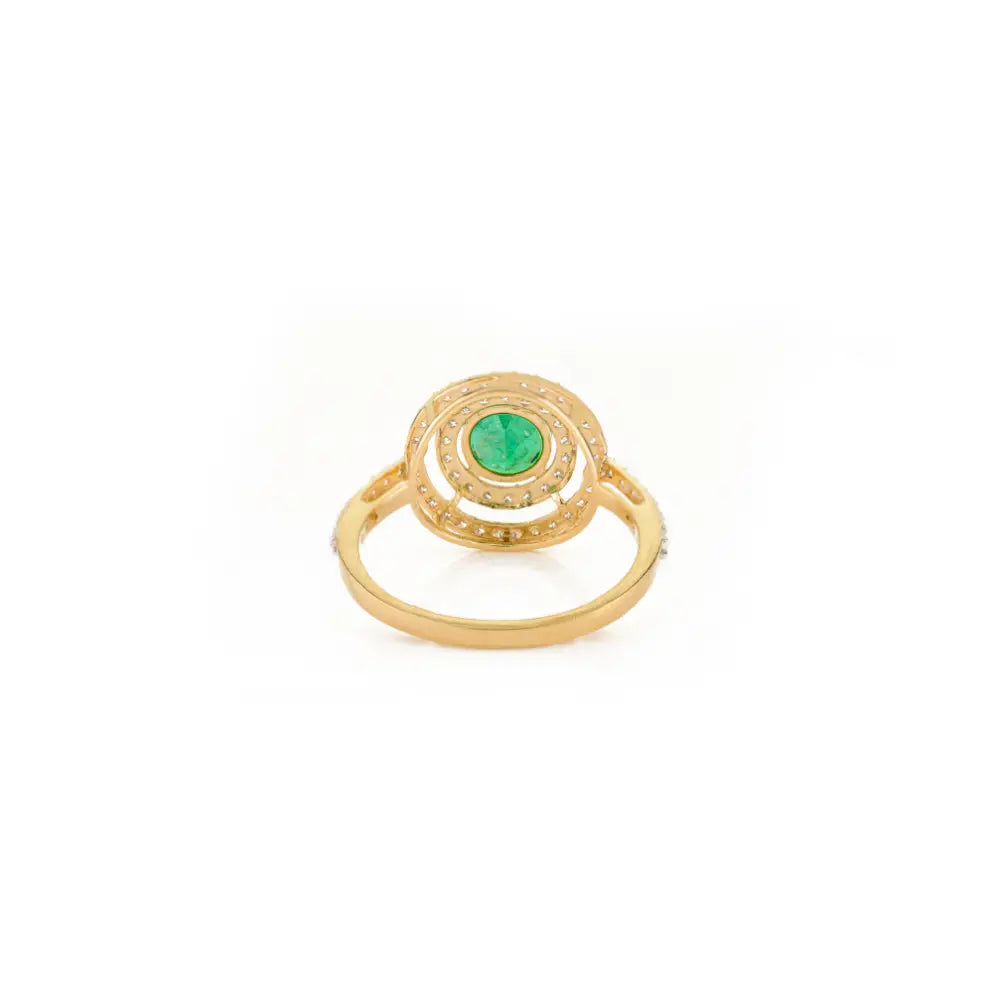 Round Cut Emerald & Diamond Double Cluster Engagement Ring Pure K18 Yellow Gold Jewelry