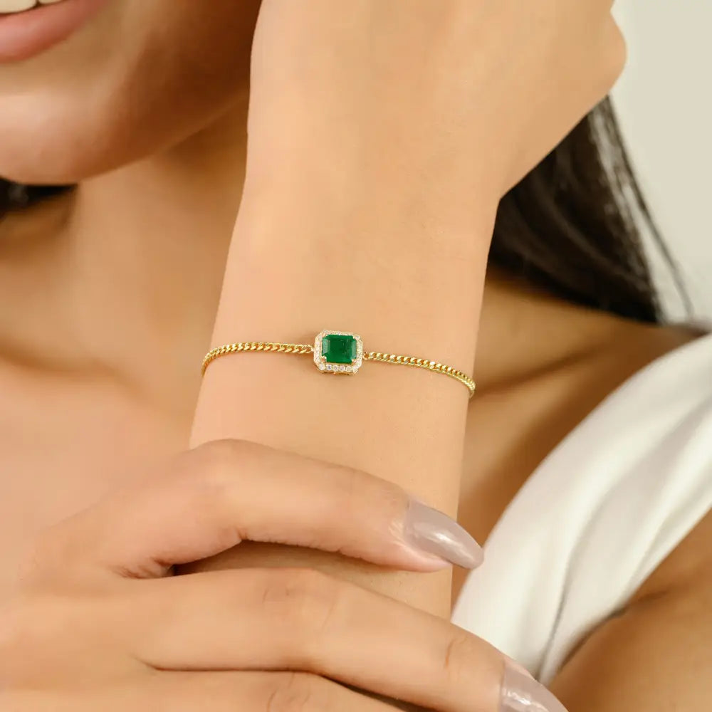 Miami Cuban Link Chain Solitaire Emerald & Diamond Halo Bracelet Solid K14 Yellow Gold