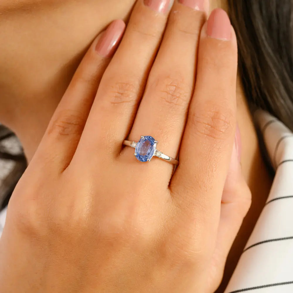Trendy Oval Blue Sapphire & Round Diamond 14K White Gold Three Stone Ring Gift For Her