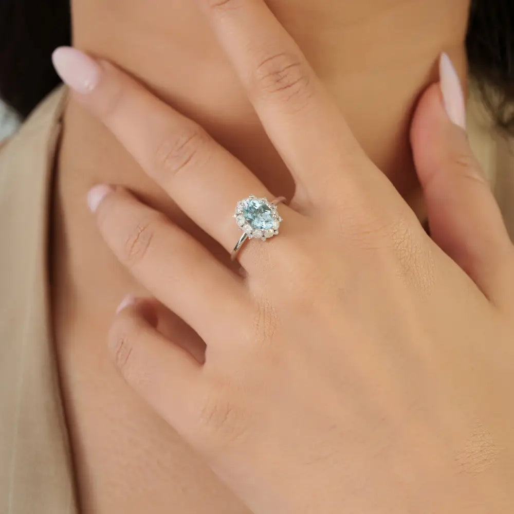 Prong Set Aquamarine & Diamond Cluster Ring New Trendy 14K White Gold Fine Jewelry
