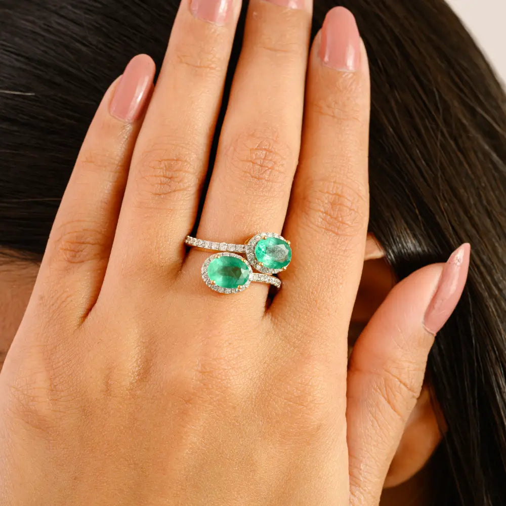 Statement Jewelry Solid 14K Yellow Gold Natural Emerald & Diamond Bypass Ring Unisex