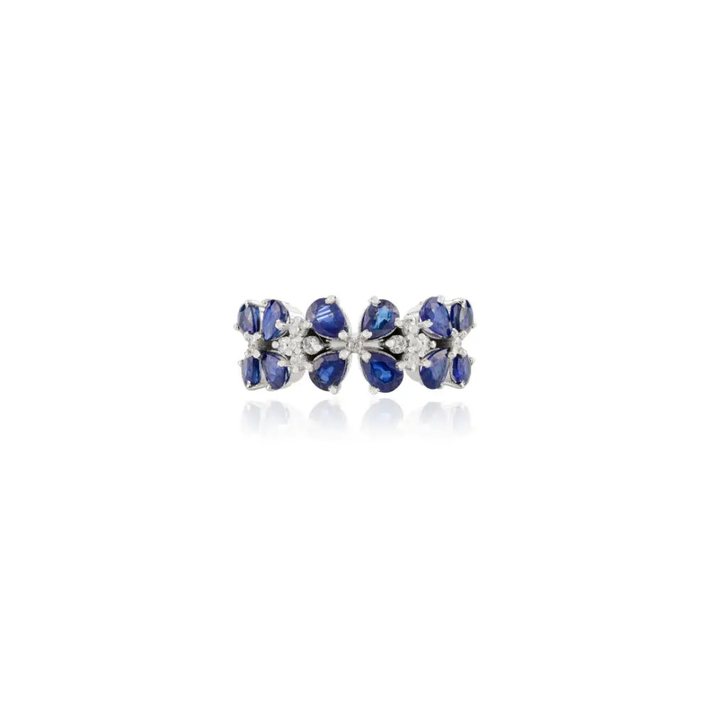 Stunning Blue Sapphire & Diamond Triple Flower Statement Ring Wedding Jewelry 14K White Gold