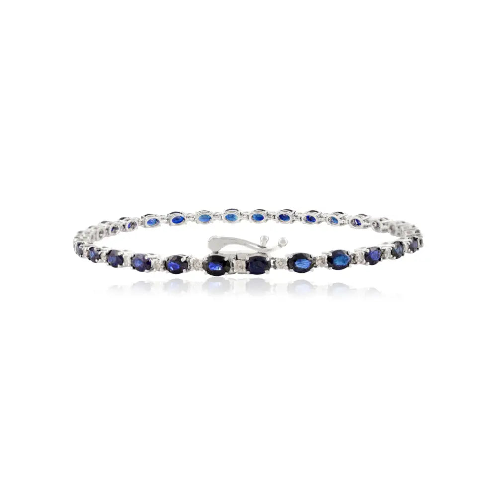 Stackable Jewelry Blue Sapphire & Diamond Tennis Bracelet Unisex 14K Solid White Gold Jewelry