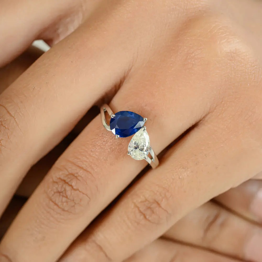 Blue Sapphire & Diamond Toi et Moi Two Stone Split Shank Ring Unique Design Jewelry