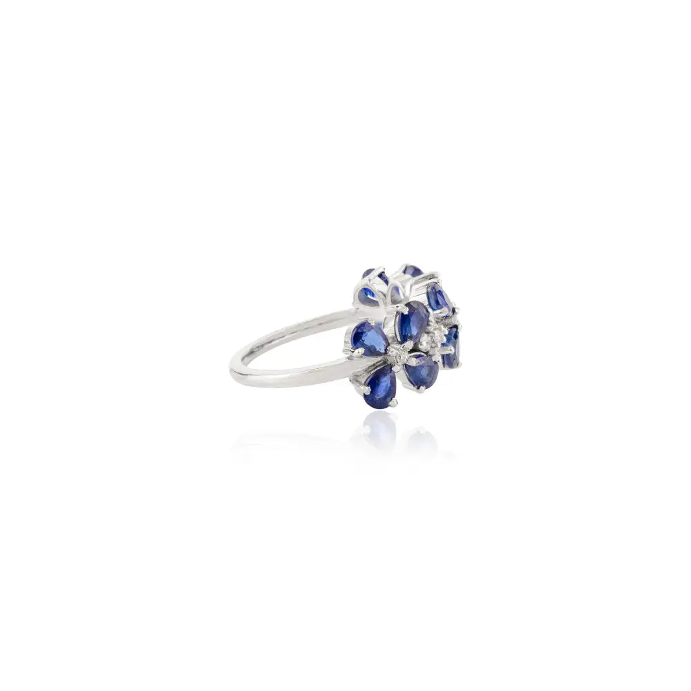 Stunning Blue Sapphire & Diamond Triple Flower Statement Ring Wedding Jewelry 14K White Gold