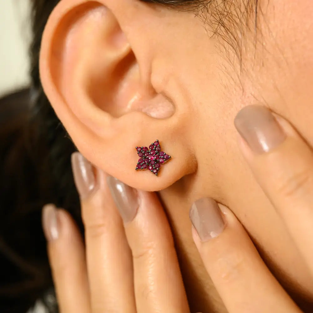 Premium Quality Round Cut Ruby Solid 14K White Gold Star Shape Stud Earrings Fine Jewelry