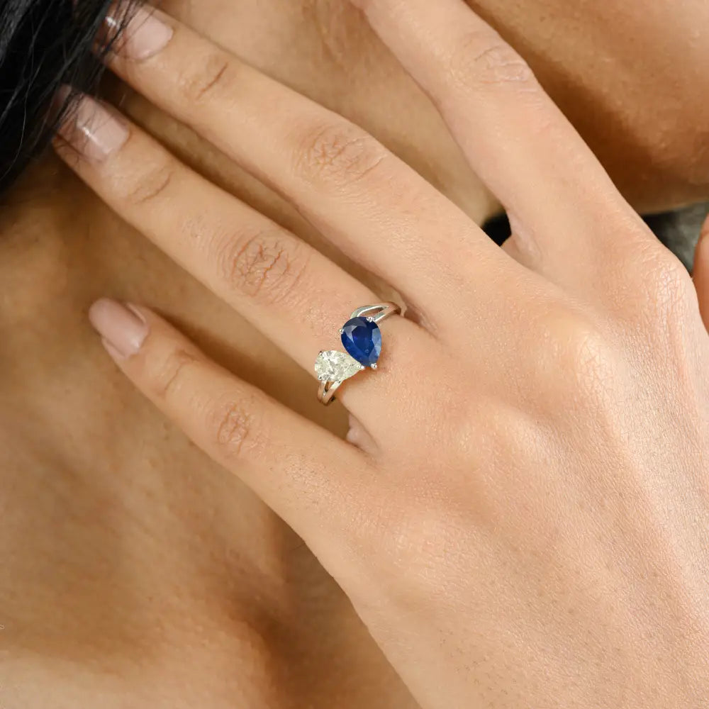 Blue Sapphire & Diamond Toi et Moi Two Stone Split Shank Ring Unique Design Jewelry