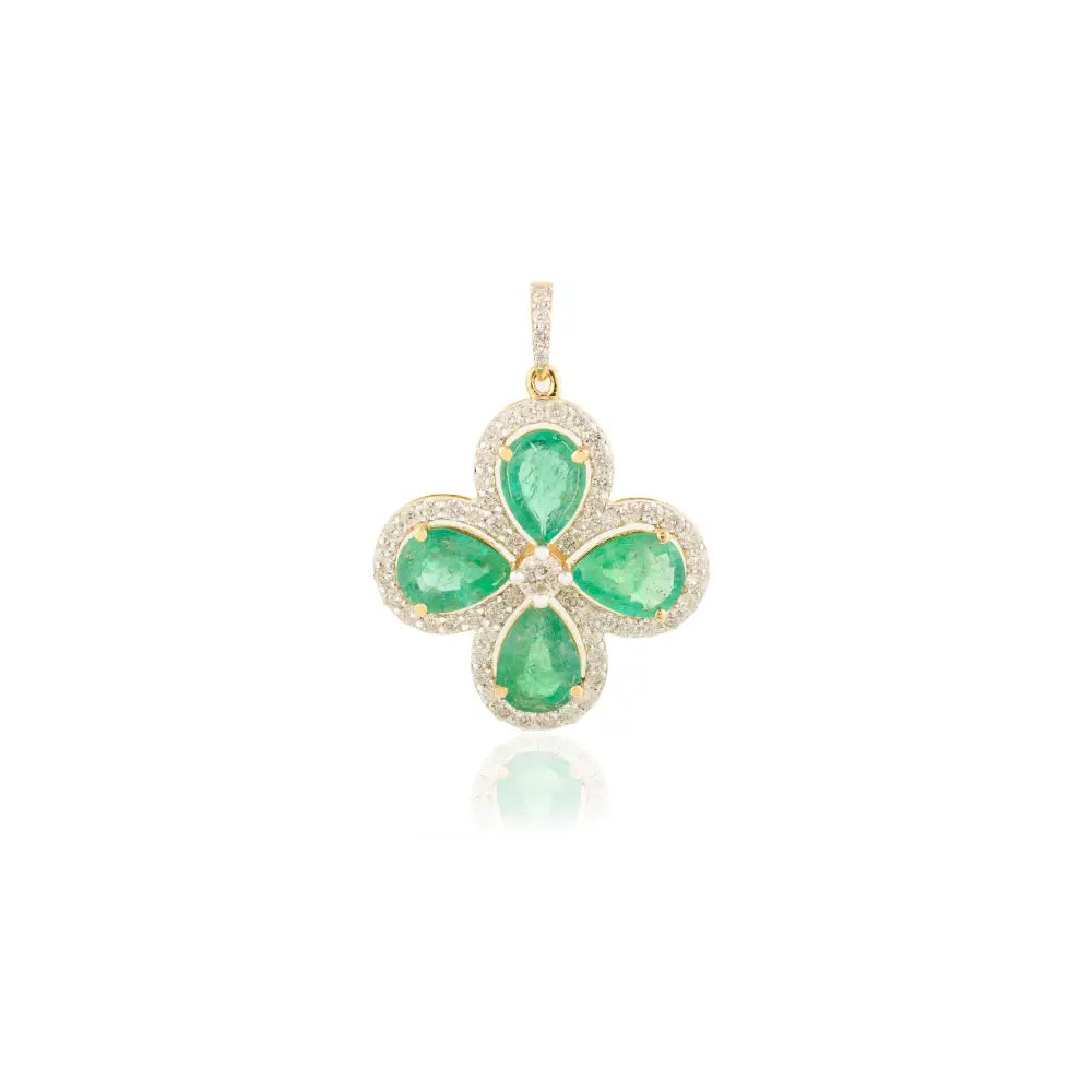 Emerald & Diamond Halo Set Four Leaf Clover Pendant K18 Solid Yellow Gold Engagement Jewelry
