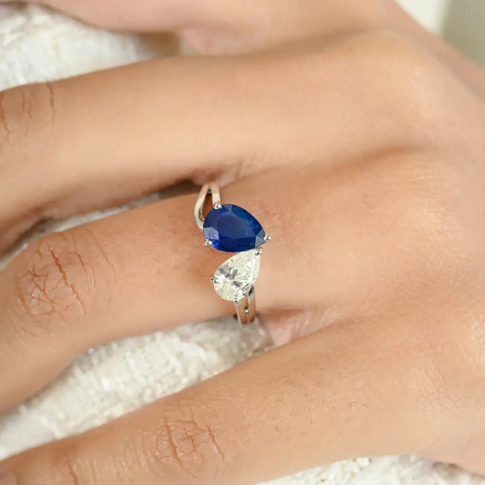 Blue Sapphire & Diamond Toi et Moi Two Stone Split Shank Ring Unique Design Jewelry