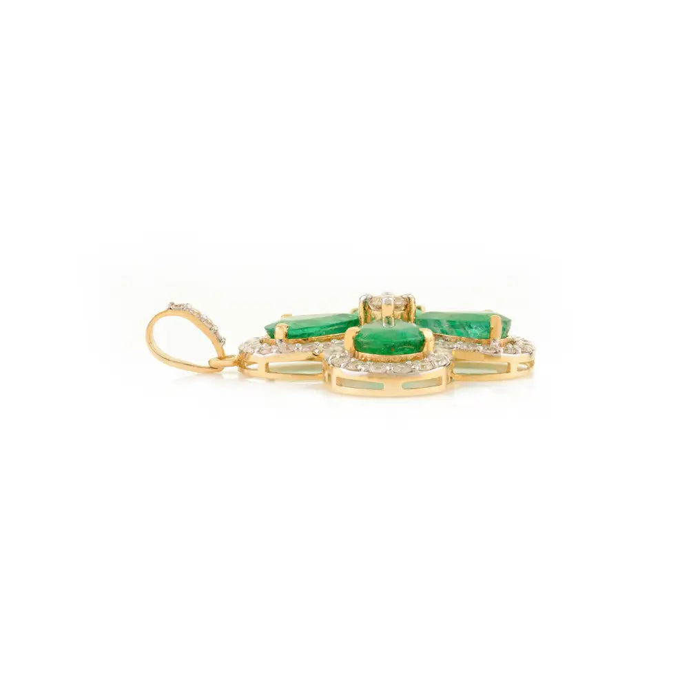Emerald & Diamond Halo Set Four Leaf Clover Pendant K18 Solid Yellow Gold Engagement Jewelry