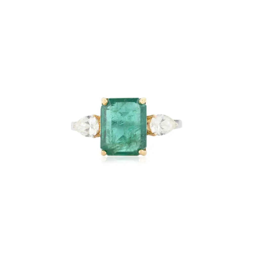 Zambian Emerald & Diamond 18K Two Tone Gold Three Stone Ring Engagement Jewelry