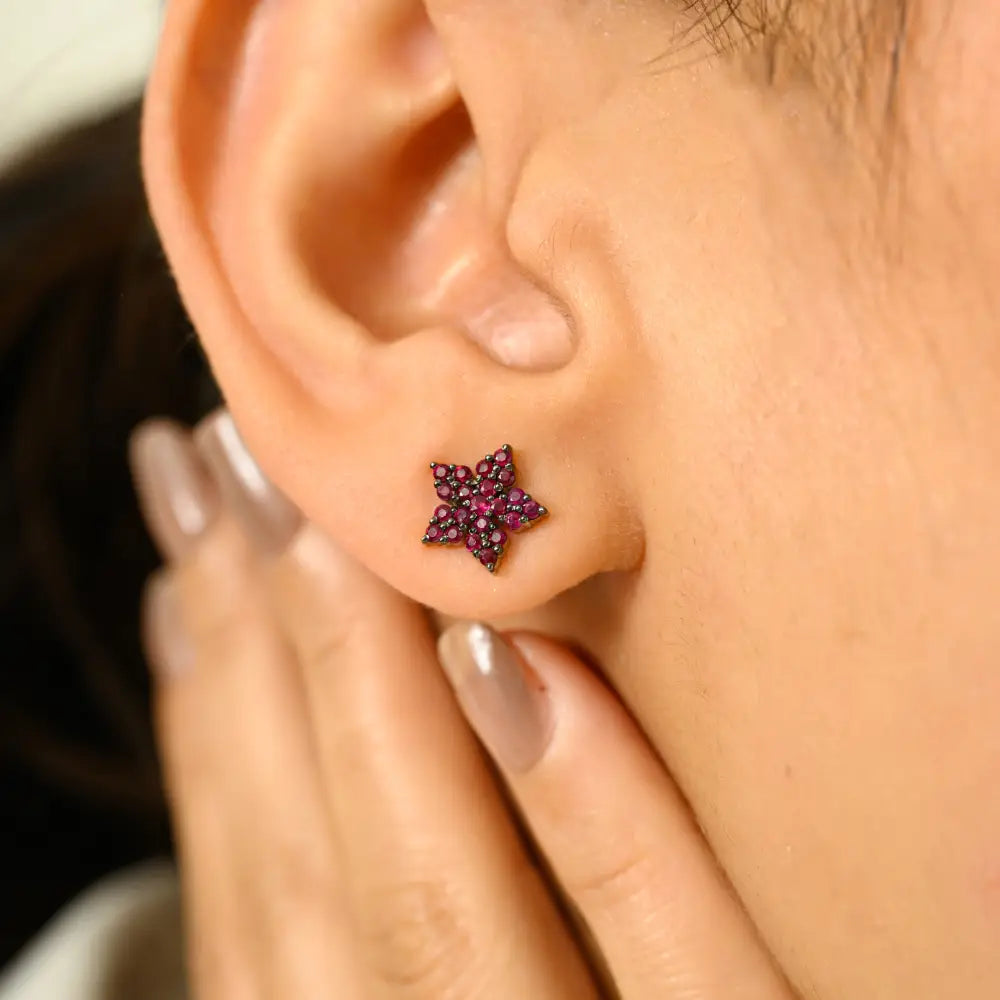 Premium Quality Round Cut Ruby Solid 14K White Gold Star Shape Stud Earrings Fine Jewelry