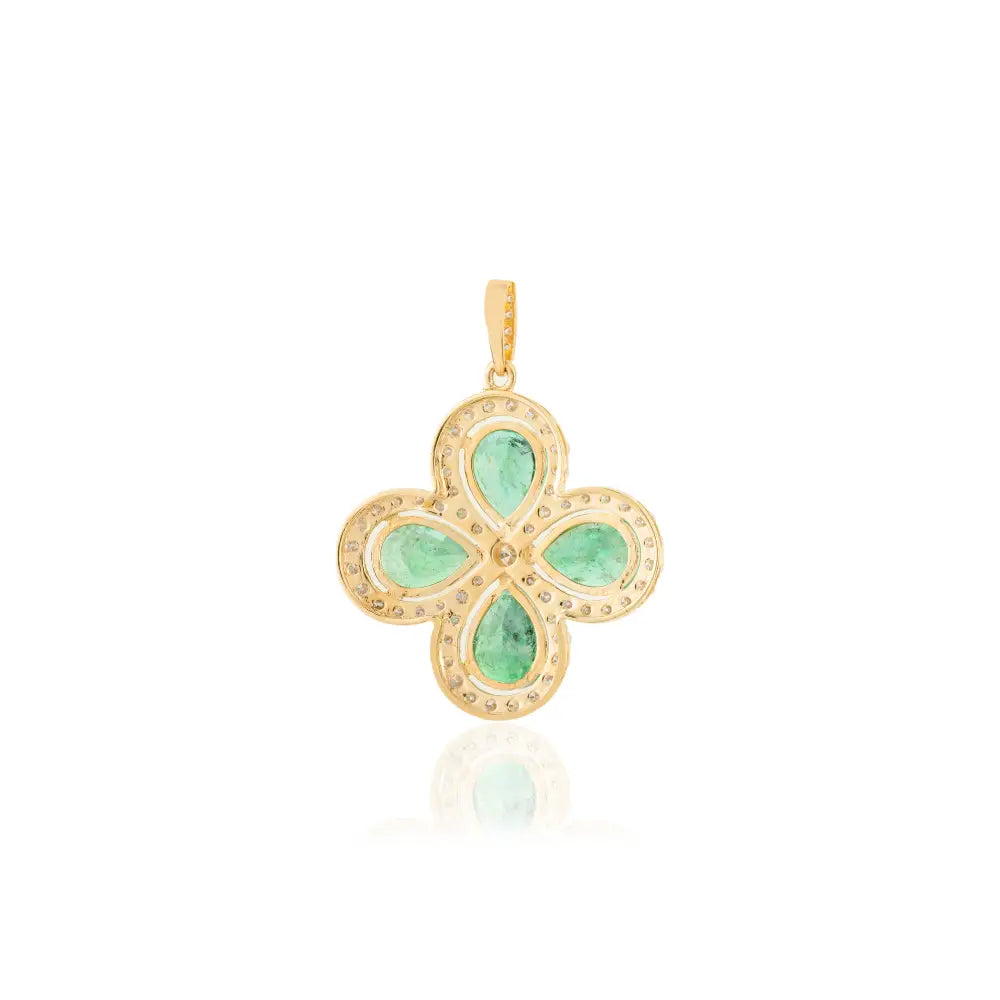 Emerald & Diamond Halo Set Four Leaf Clover Pendant K18 Solid Yellow Gold Engagement Jewelry