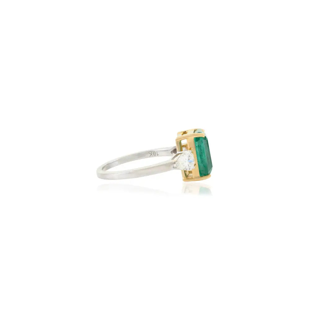 Zambian Emerald & Diamond 18K Two Tone Gold Three Stone Ring Engagement Jewelry
