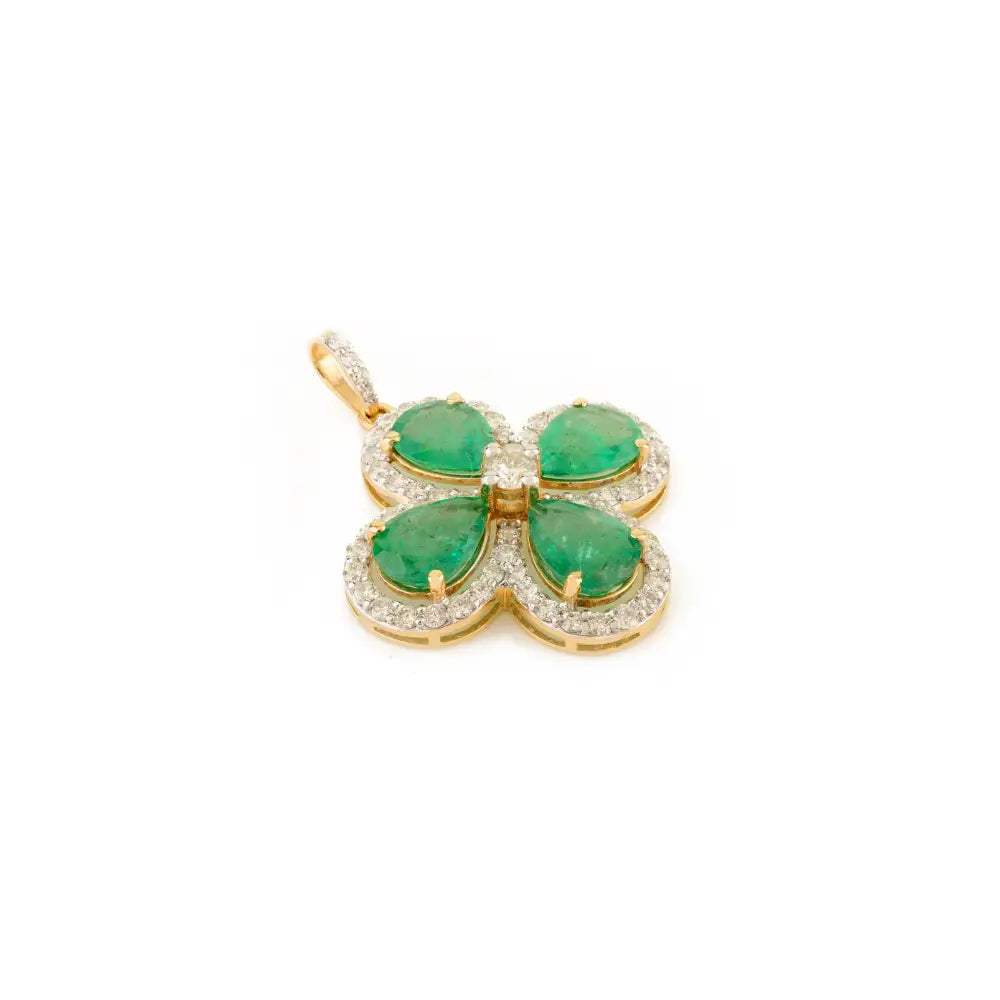 Emerald & Diamond Halo Set Four Leaf Clover Pendant K18 Solid Yellow Gold Engagement Jewelry
