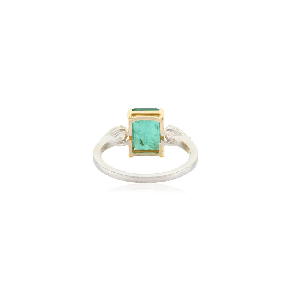 Zambian Emerald & Diamond 18K Two Tone Gold Three Stone Ring Engagement Jewelry