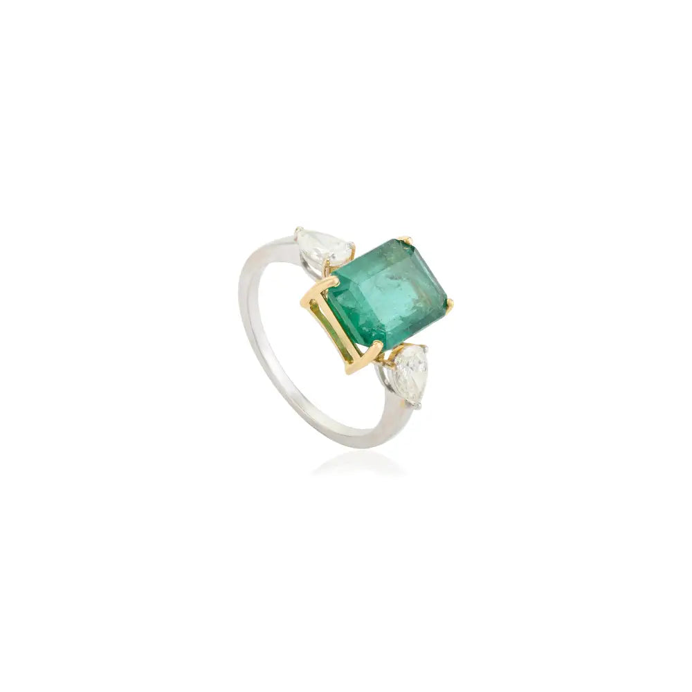 Zambian Emerald & Diamond 18K Two Tone Gold Three Stone Ring Engagement Jewelry