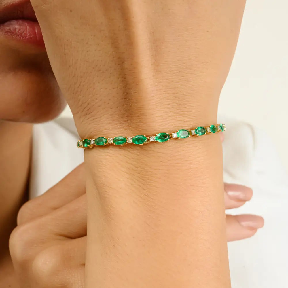 Trending 5X3 MM Zambian Emerald & Diamond Box Lock Stack Tennis Bracelet Pure 14K Gold
