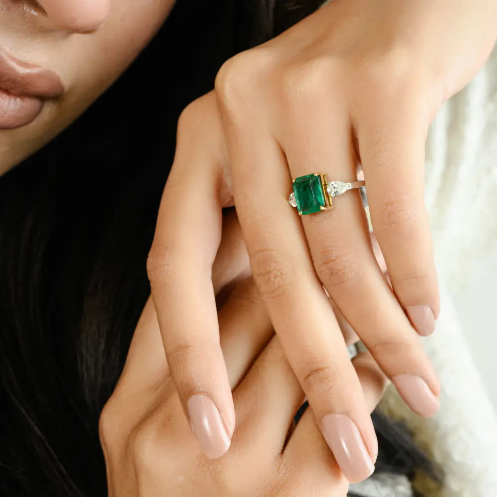 Zambian Emerald & Diamond 18K Two Tone Gold Three Stone Ring Engagement Jewelry
