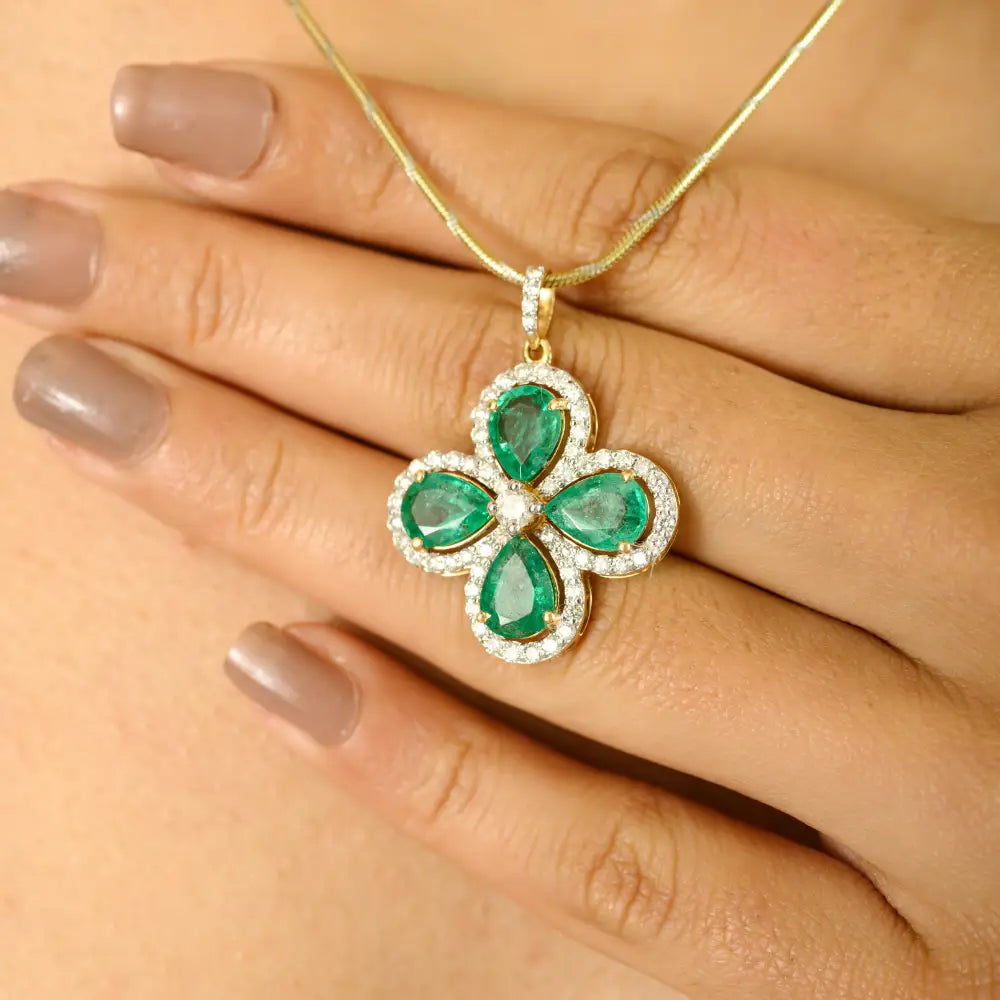 Emerald & Diamond Halo Set Four Leaf Clover Pendant K18 Solid Yellow Gold Engagement Jewelry