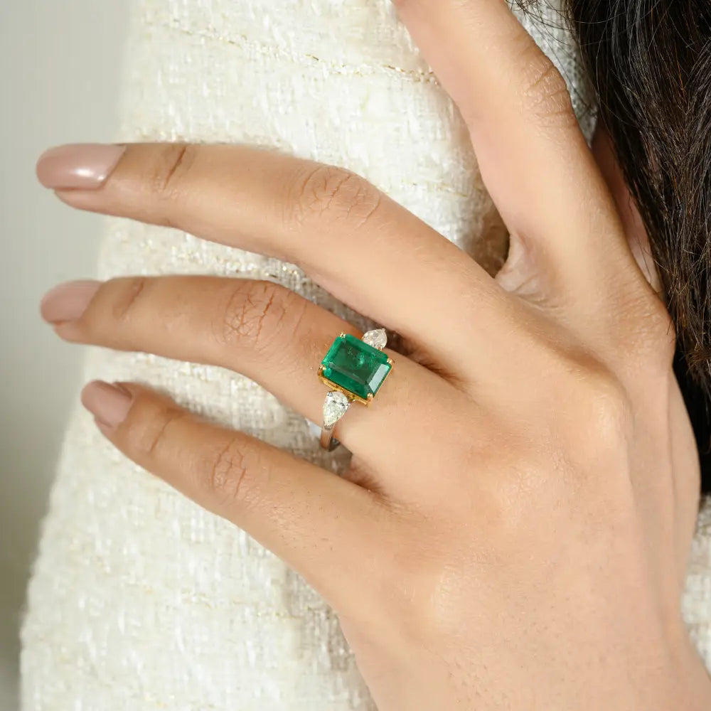 Zambian Emerald & Diamond 18K Two Tone Gold Three Stone Ring Engagement Jewelry
