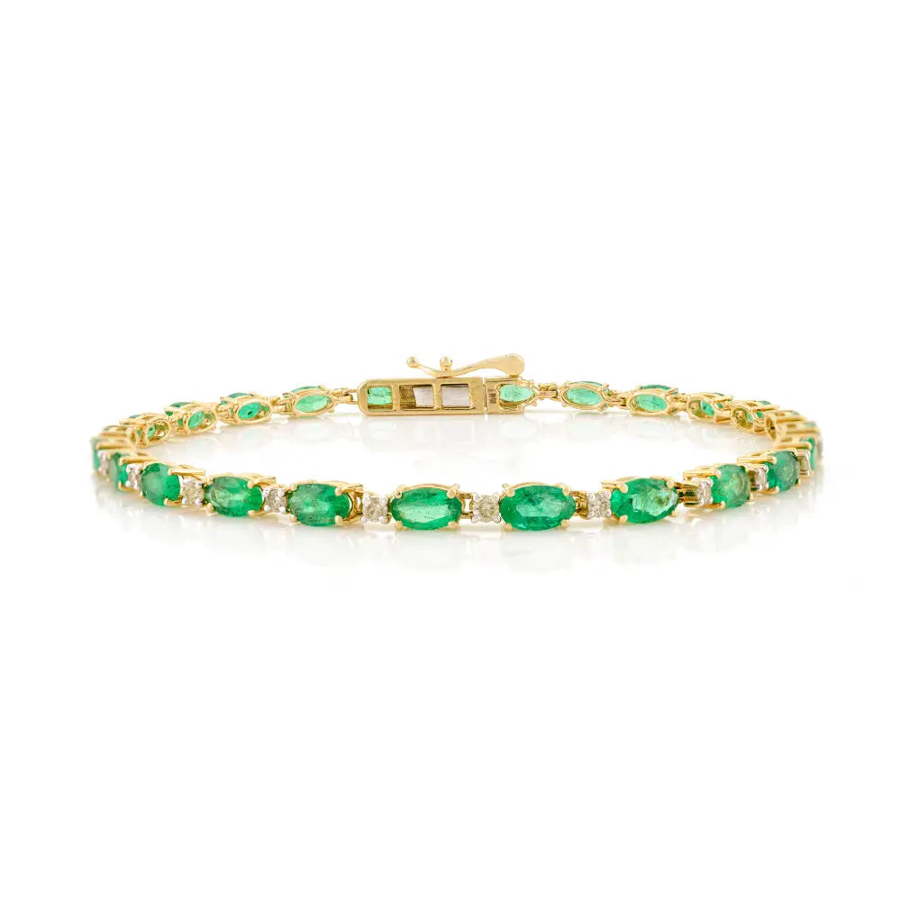 Trending 5X3 MM Zambian Emerald & Diamond Box Lock Stack Tennis Bracelet Pure 14K Gold