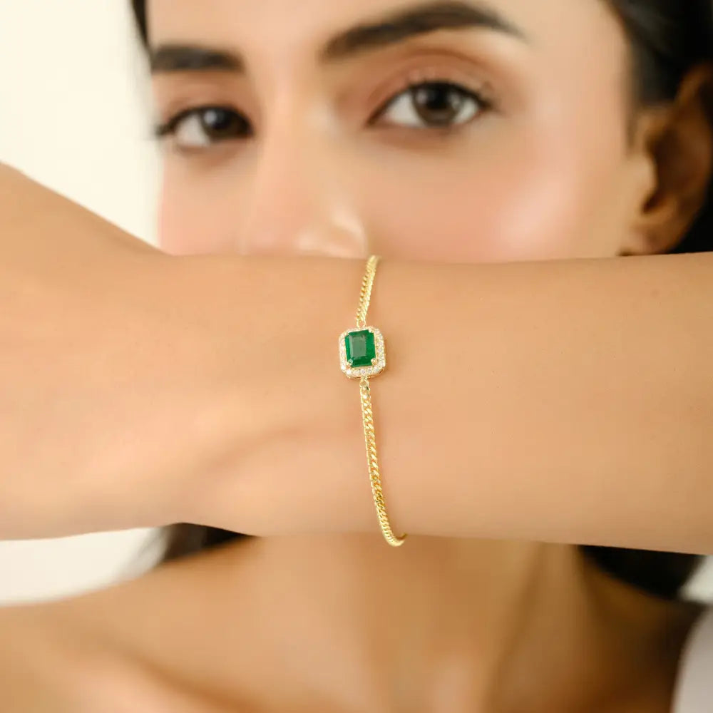 Miami Cuban Link Chain Solitaire Emerald & Diamond Halo Bracelet Solid K14 Yellow Gold