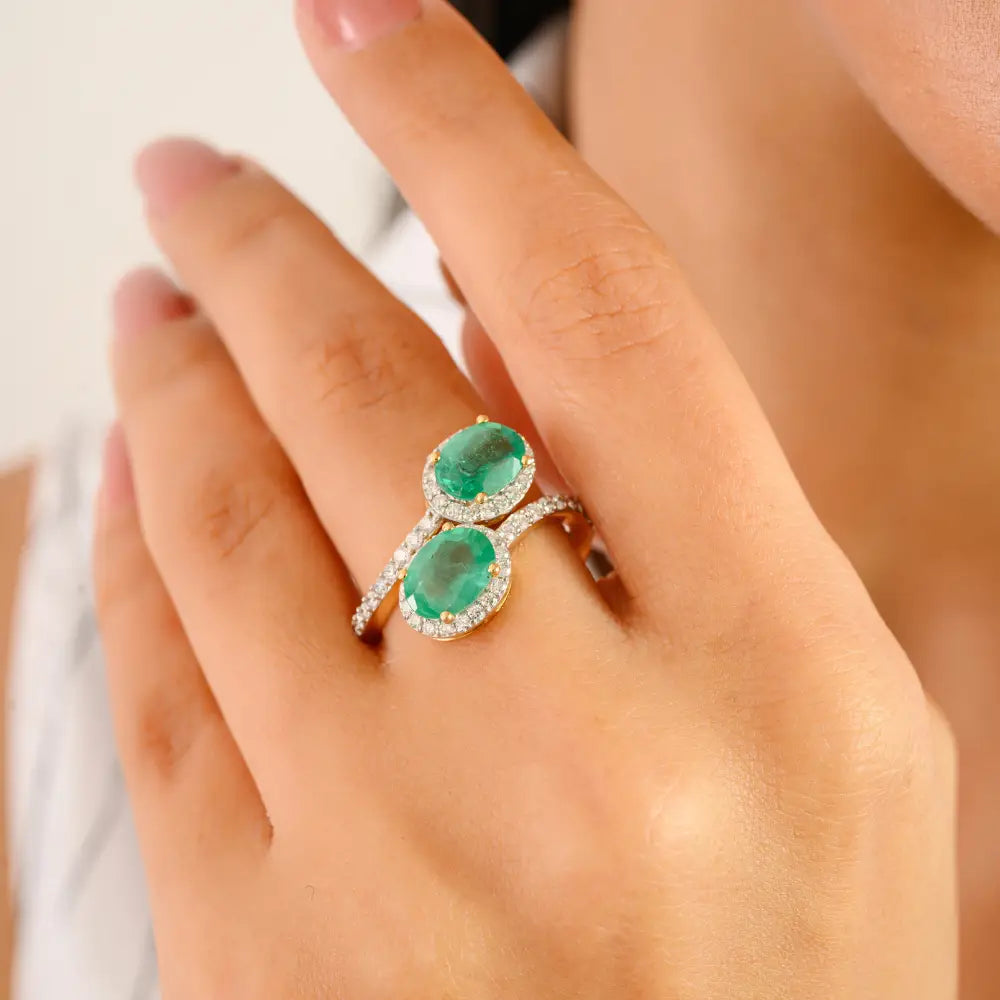 Statement Jewelry Solid 14K Yellow Gold Natural Emerald & Diamond Bypass Ring Unisex