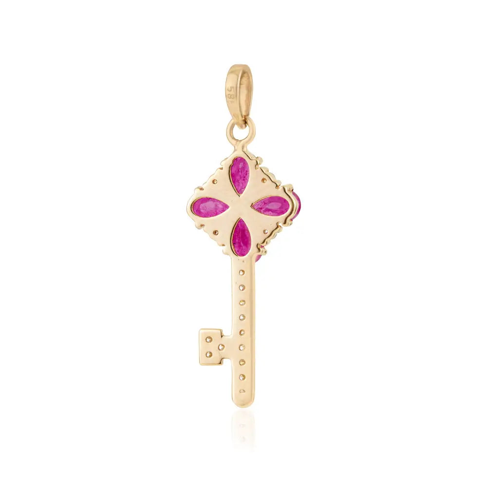 Unique Design 14K Yellow Gold Genuine Ruby & Diamond Key Pendant Customized Jewelry