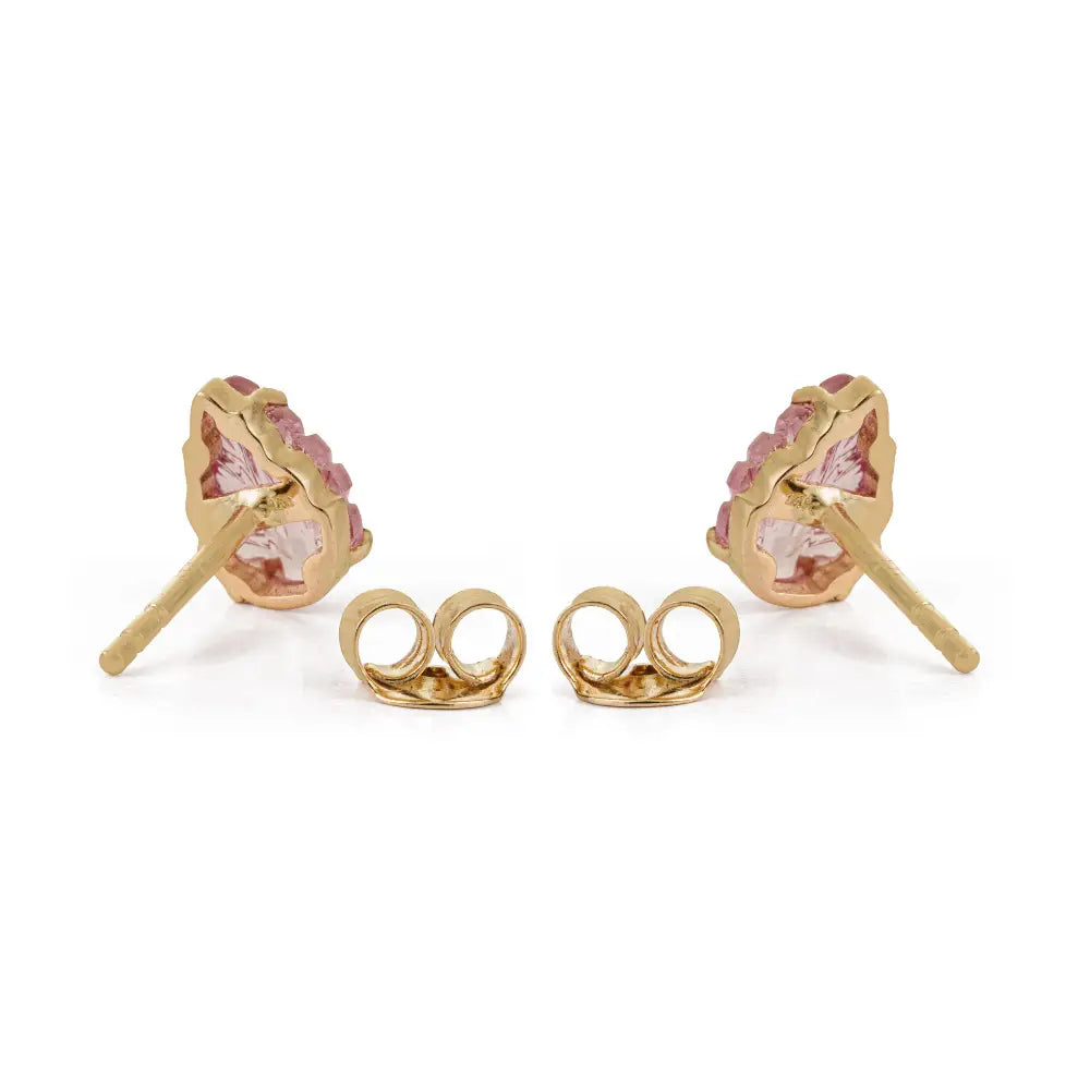 Prong Set Pink Tourmaline Handmade Carving Leaf Shape Stud Earrings 14K Yellow Gold
