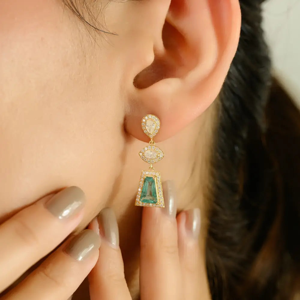 New Style 18K Yellow Gold Emerald & Diamond Statement Dangle Earrings Handmade Jewelry